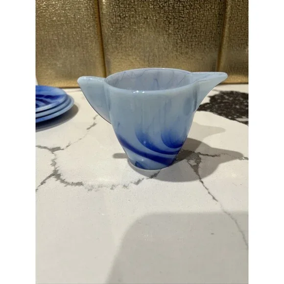 VINTAGE AKRO AGATE Blue Slag GlassPartial Set Of Child’s Tea Set. 9 Piece Set